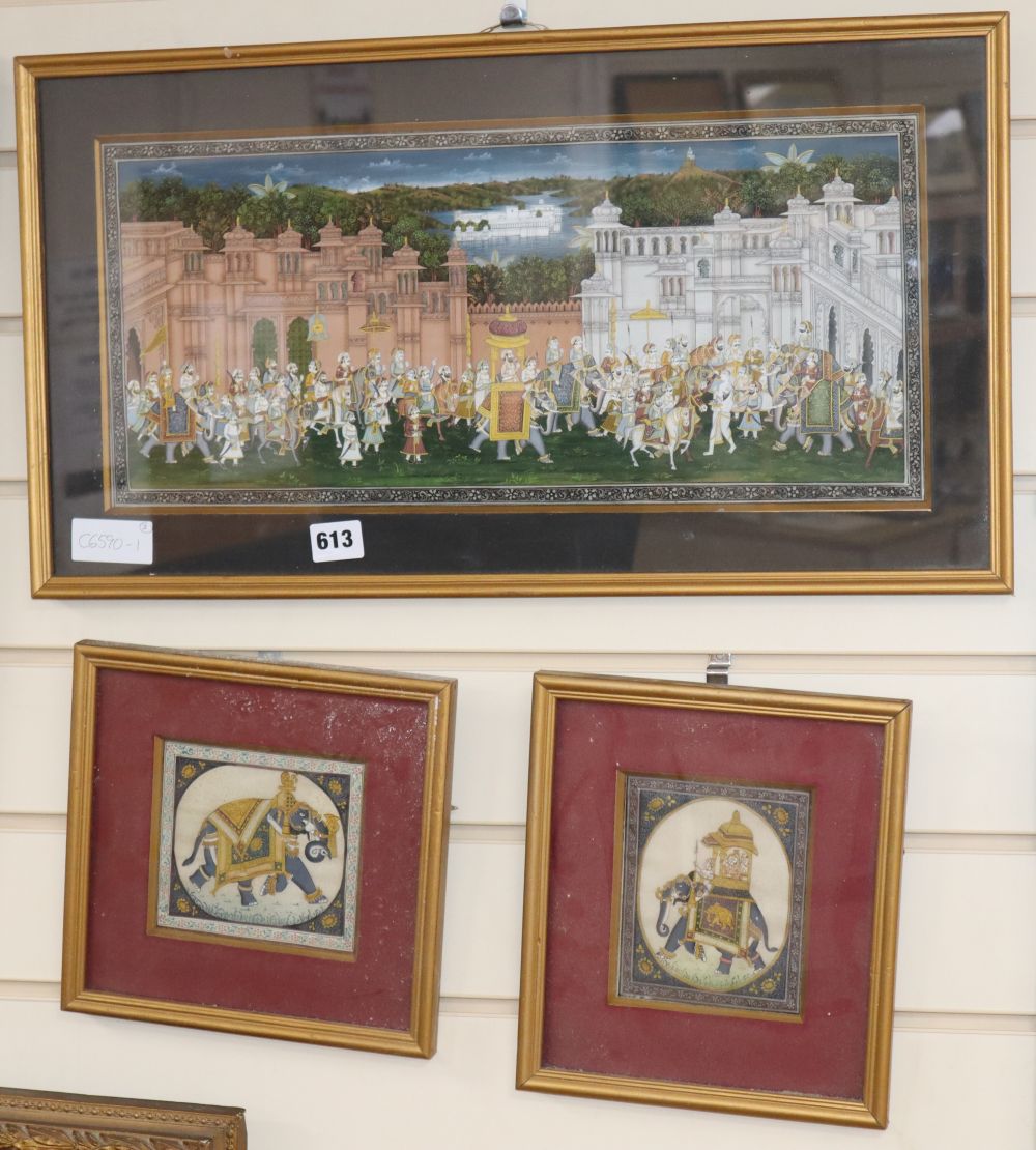 An Indian gouache of a Royal procession, 22 x 48cm and a two Indian painting of Caparisoned elephants